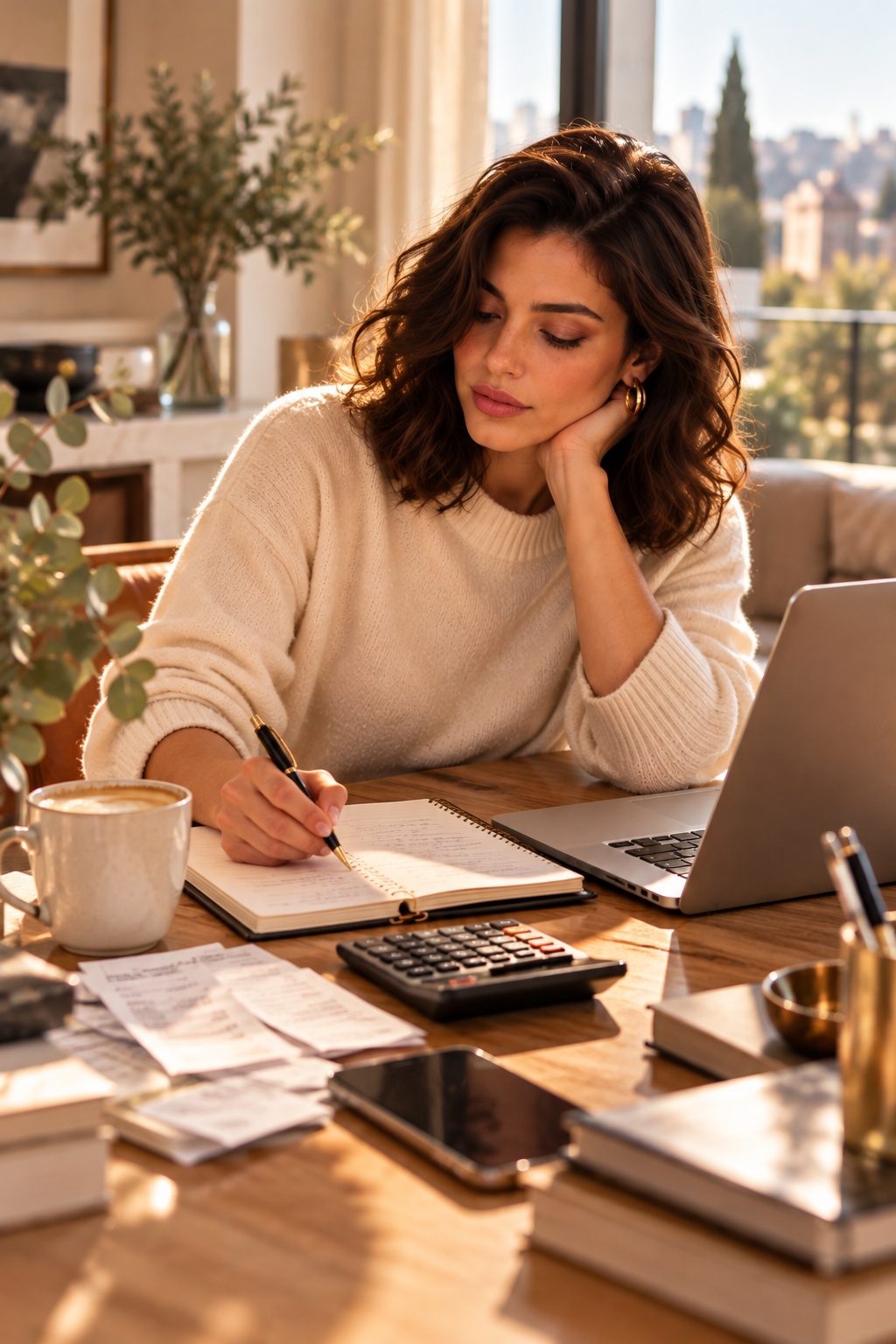 Mujer revisando cuentas con calculadora, libreta y laptop en una mesa