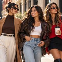 Tres jóvenes caminan sonrientes por una calle de la ciudad con abrigos, chaquetas de cuero y gafas de sol