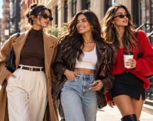 Tres jóvenes caminan sonrientes por una calle de la ciudad con abrigos, chaquetas de cuero y gafas de sol