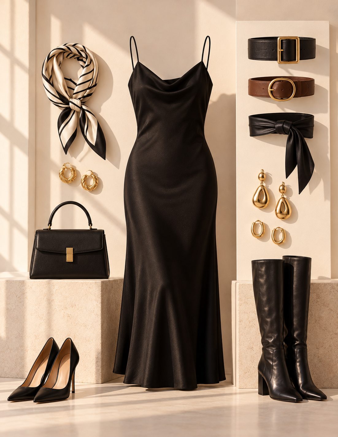 Vestido negro de tirantes rodeado de accesorios: pañuelo, cinturones, bolso, aretes, tacones y botas