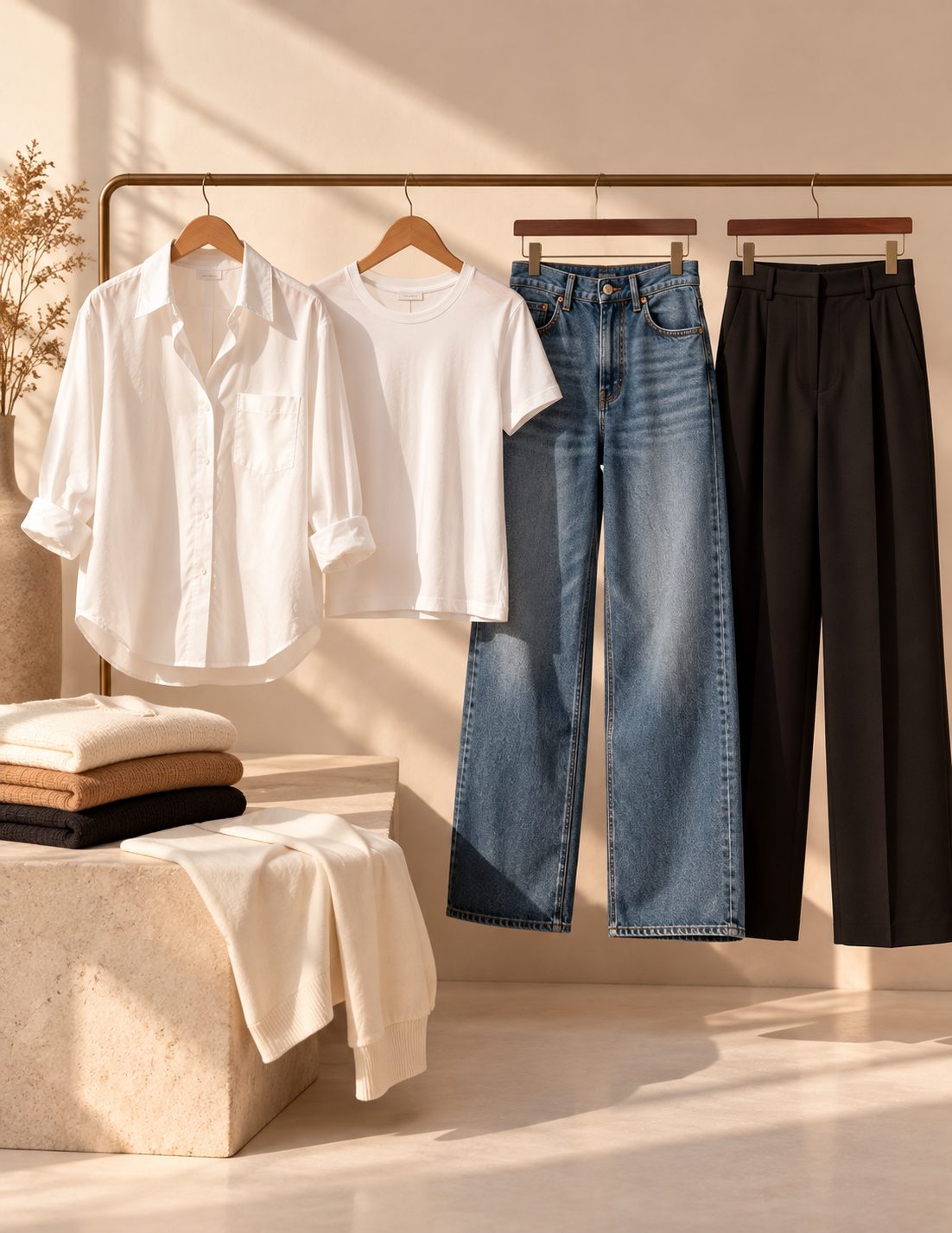 Básicos colgados en un perchero: camisa blanca, camiseta, jeans y pantalón negro