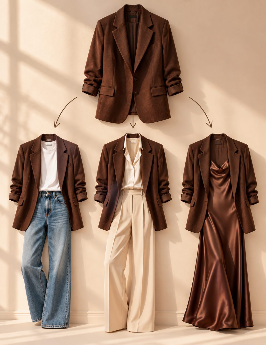 Un blazer marrón combinado de tres formas: con jeans, con pantalón crema y con vestido de satén