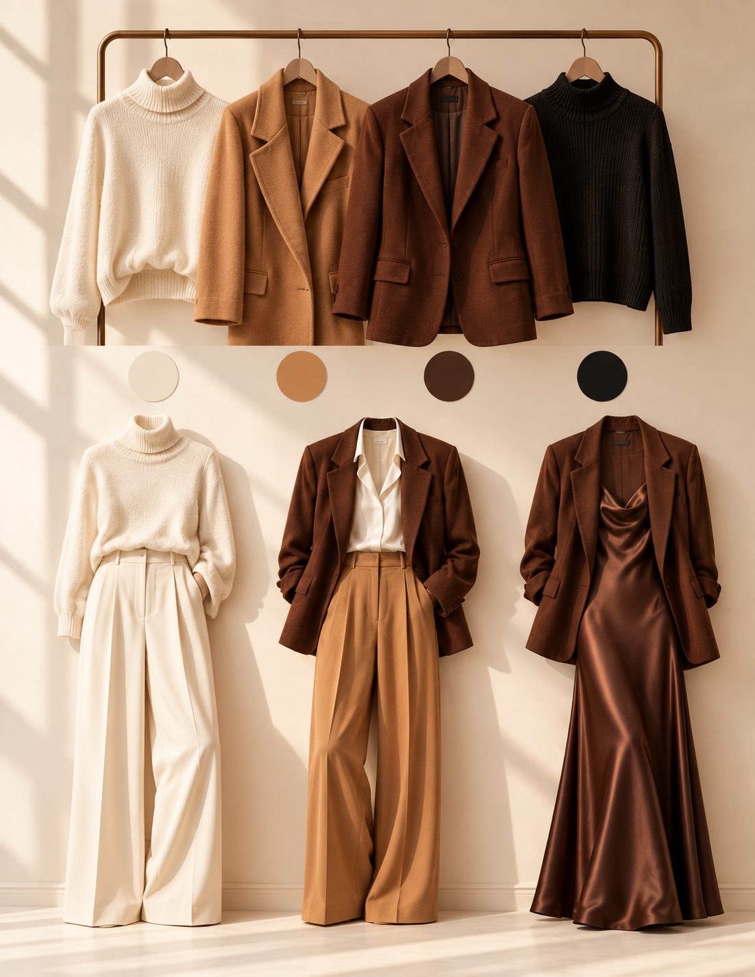 Paleta de neutros con prendas en marfil, camel, chocolate y negro