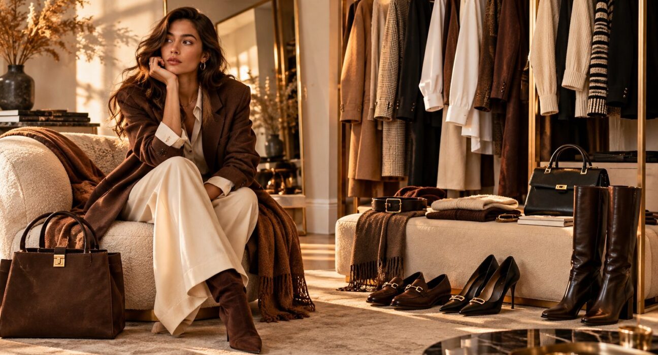 Mujer sentada en un vestidor con abrigo marrón, pantalón crema y botas