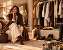 Mujer sentada en un vestidor con abrigo marrón, pantalón crema y botas
