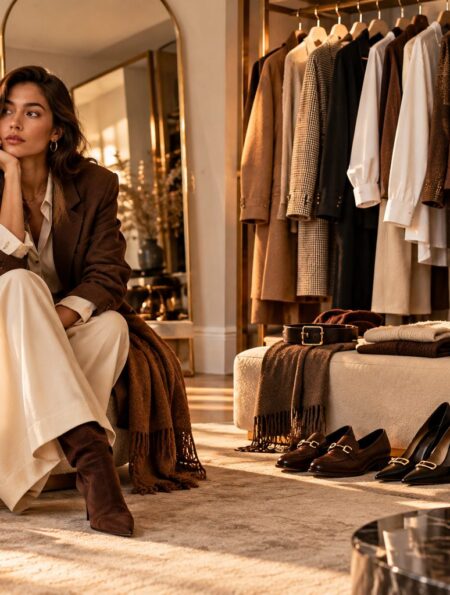 Mujer sentada en un vestidor con abrigo marrón, pantalón crema y botas