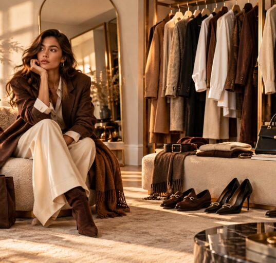 Mujer sentada en un vestidor con abrigo marrón, pantalón crema y botas