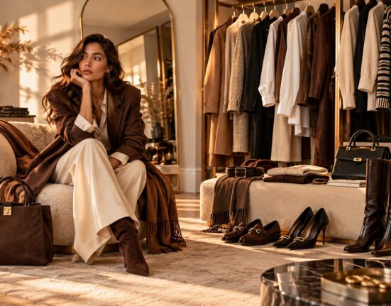 Mujer sentada en un vestidor con abrigo marrón, pantalón crema y botas