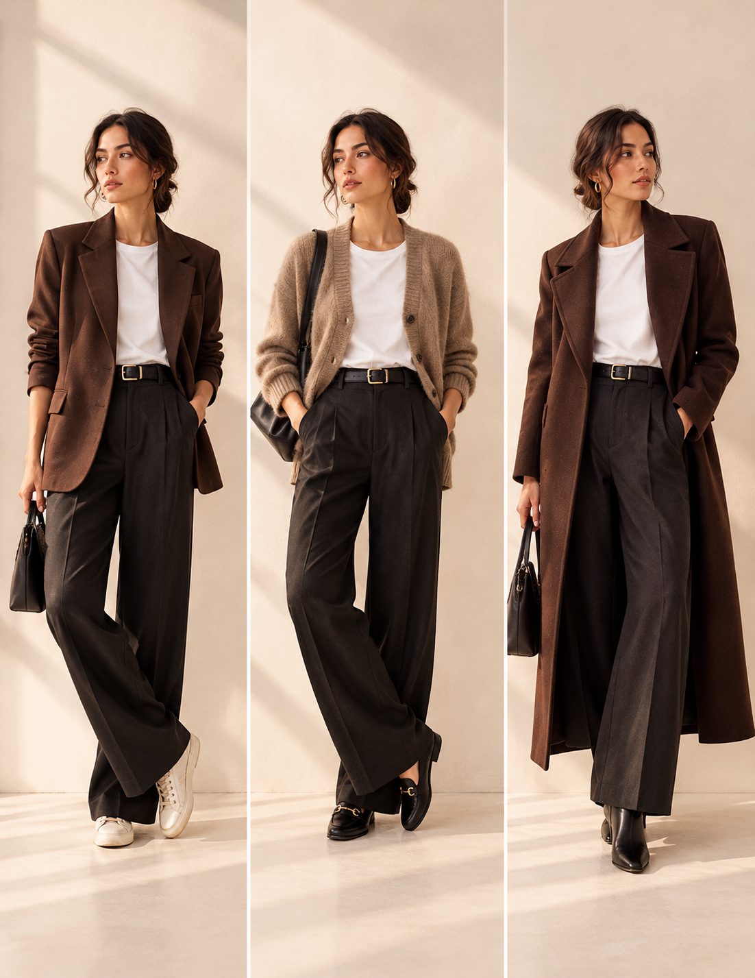 Tres looks con camiseta blanca y pantalón negro: con blazer, con cárdigan y con abrigo largo