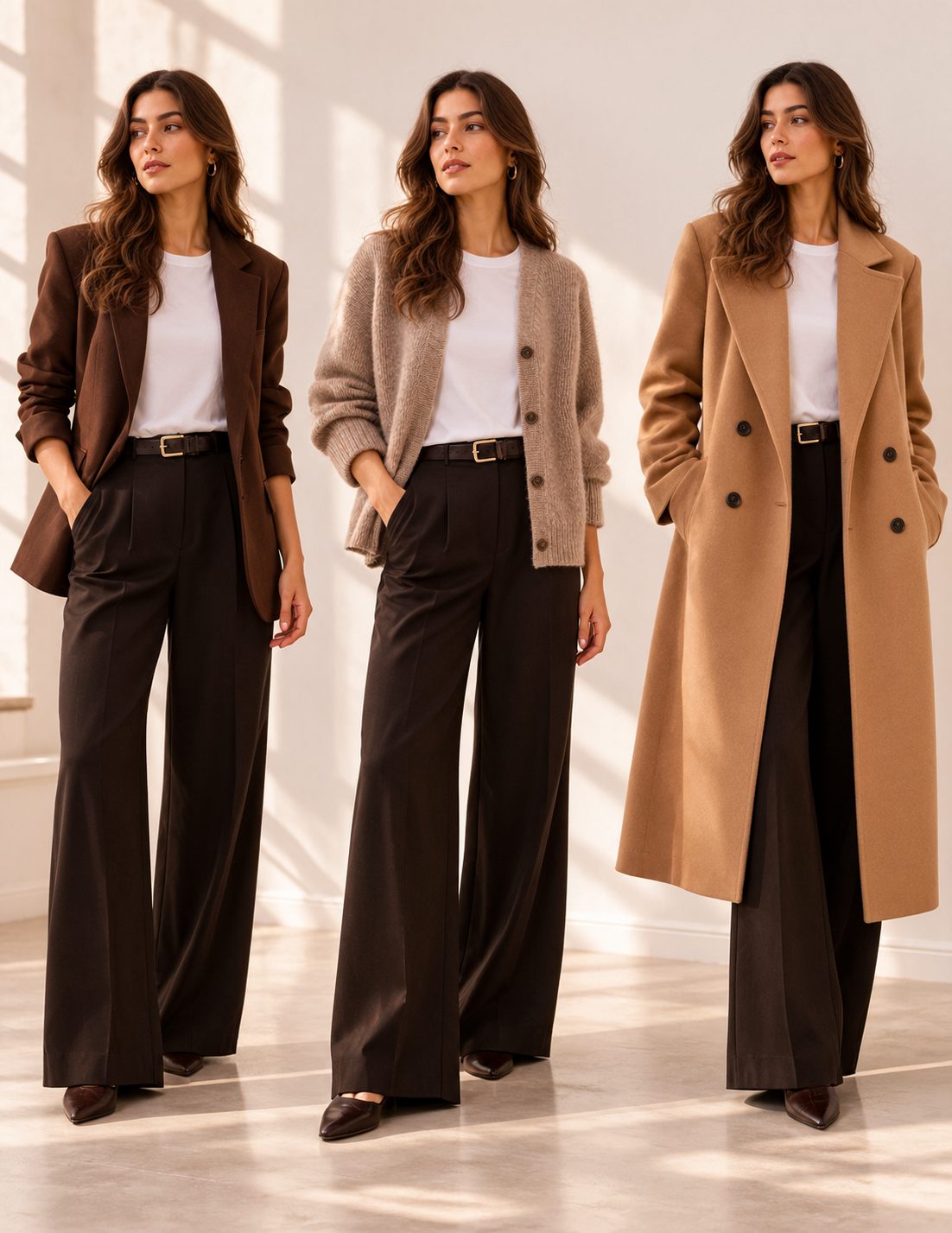 Tres mujeres con camiseta blanca y pantalón negro, con blazer, cárdigan y abrigo camel