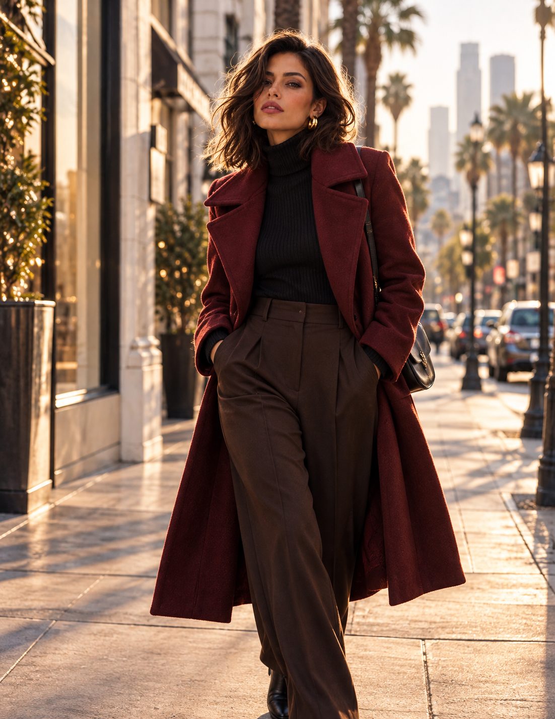 Mujer con abrigo largo burdeos caminando por una avenida con palmeras al atardecer