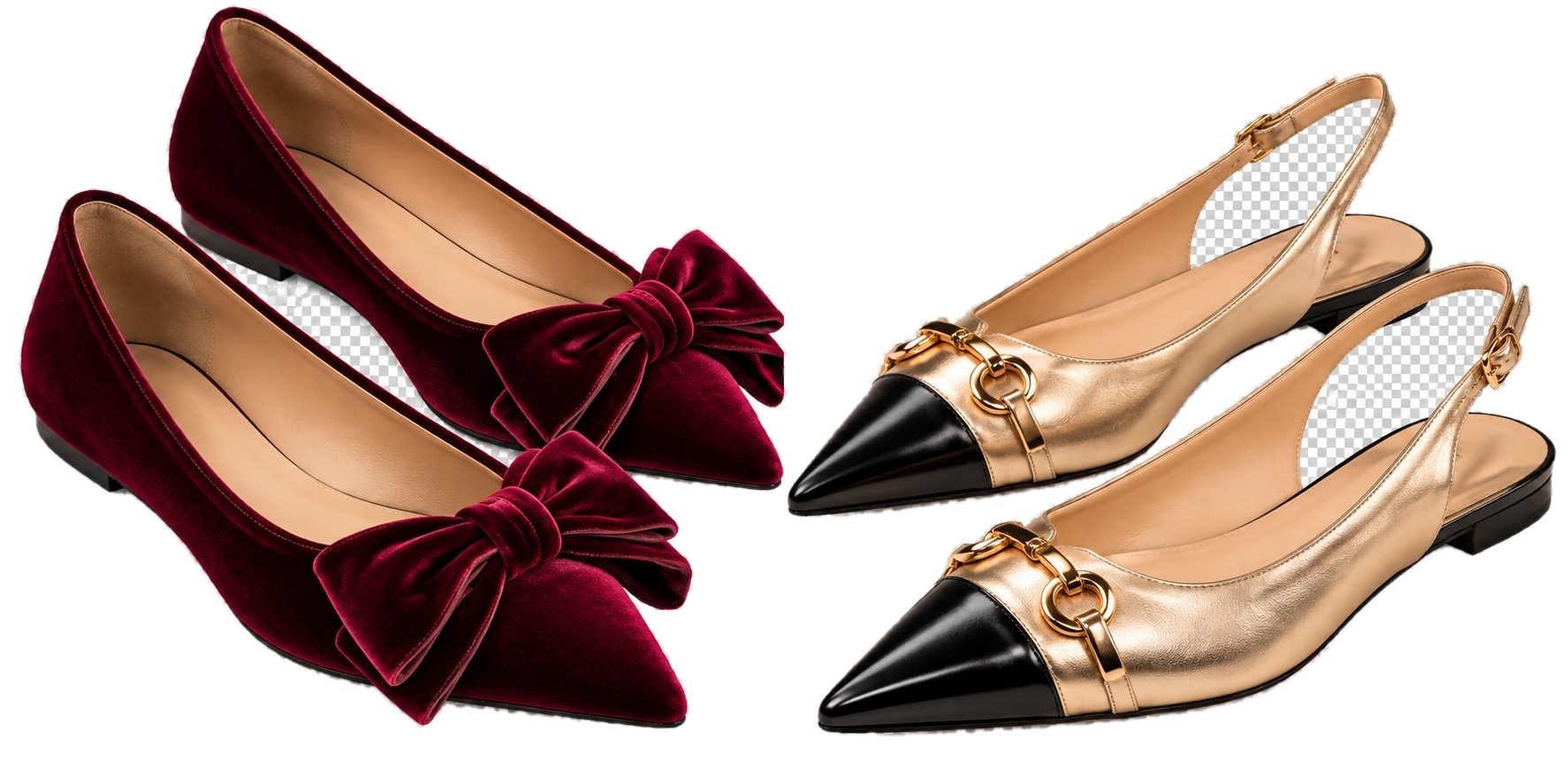Bailarinas de terciopelo burdeos con lazo y slingbacks dorados con puntera negra