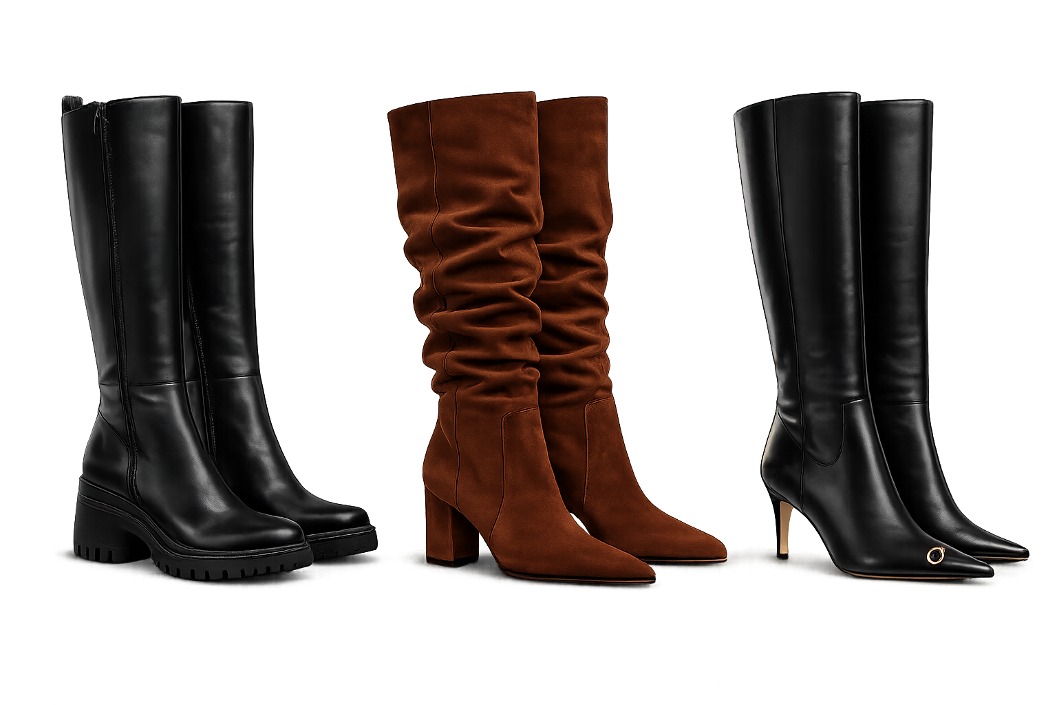 Tres pares de botas altas en negro y ante color coñac