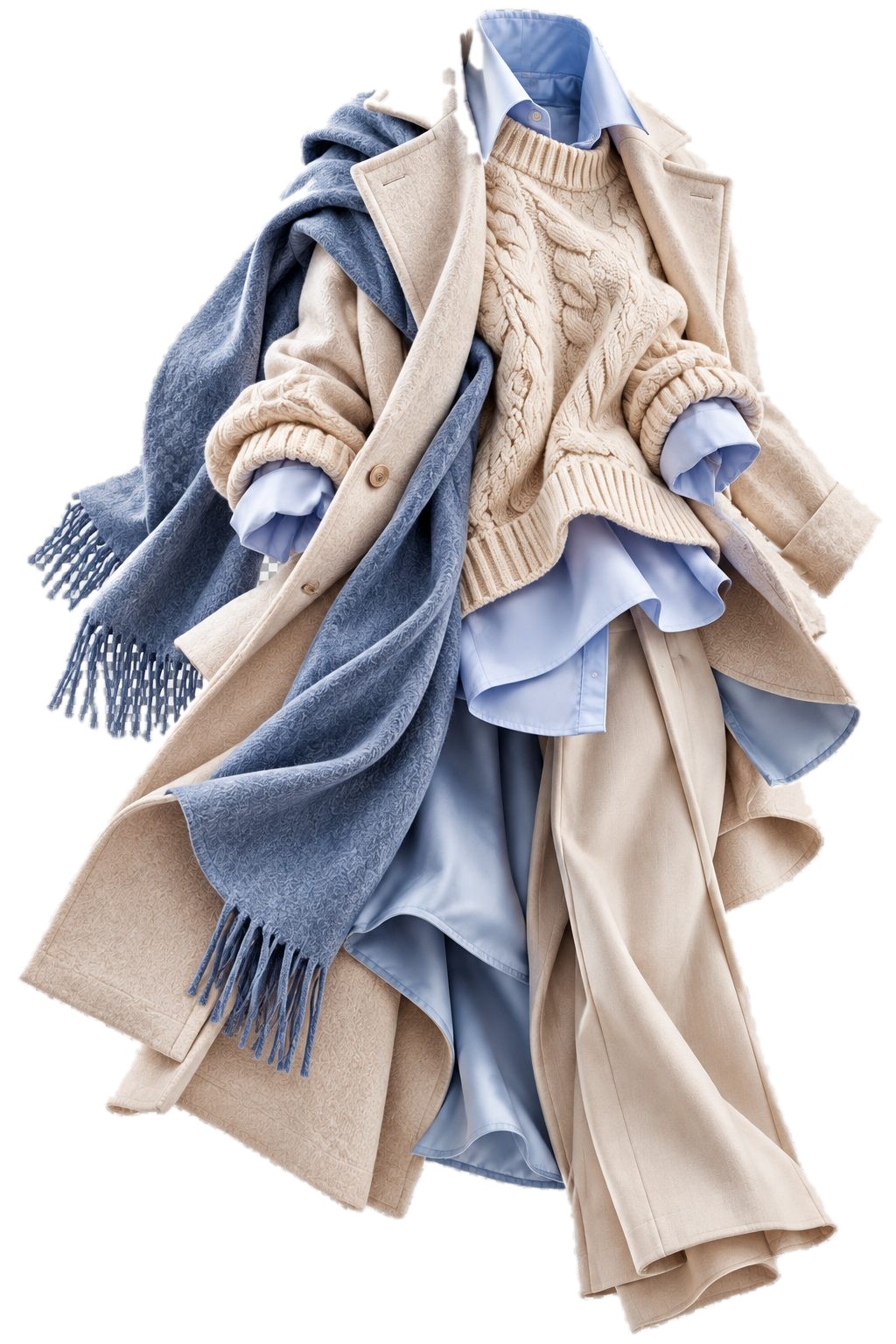 Look en capas con abrigo camel, suéter de punto, camisa azul y bufanda