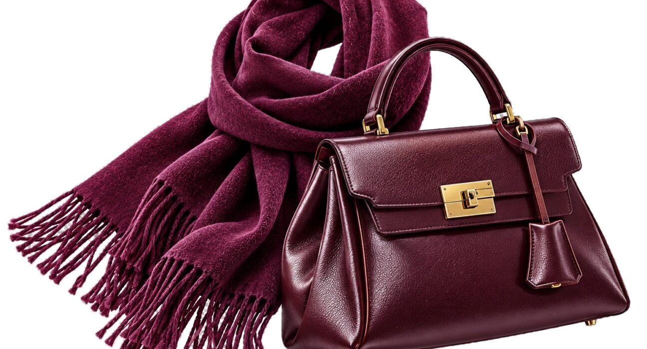 Bufanda con flecos y bolso de piel en color berenjena