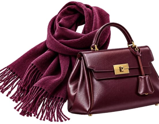 Bufanda con flecos y bolso de piel en color berenjena