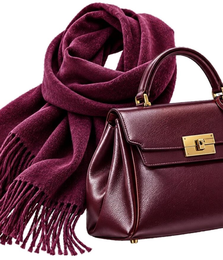Bufanda con flecos y bolso de piel en color berenjena