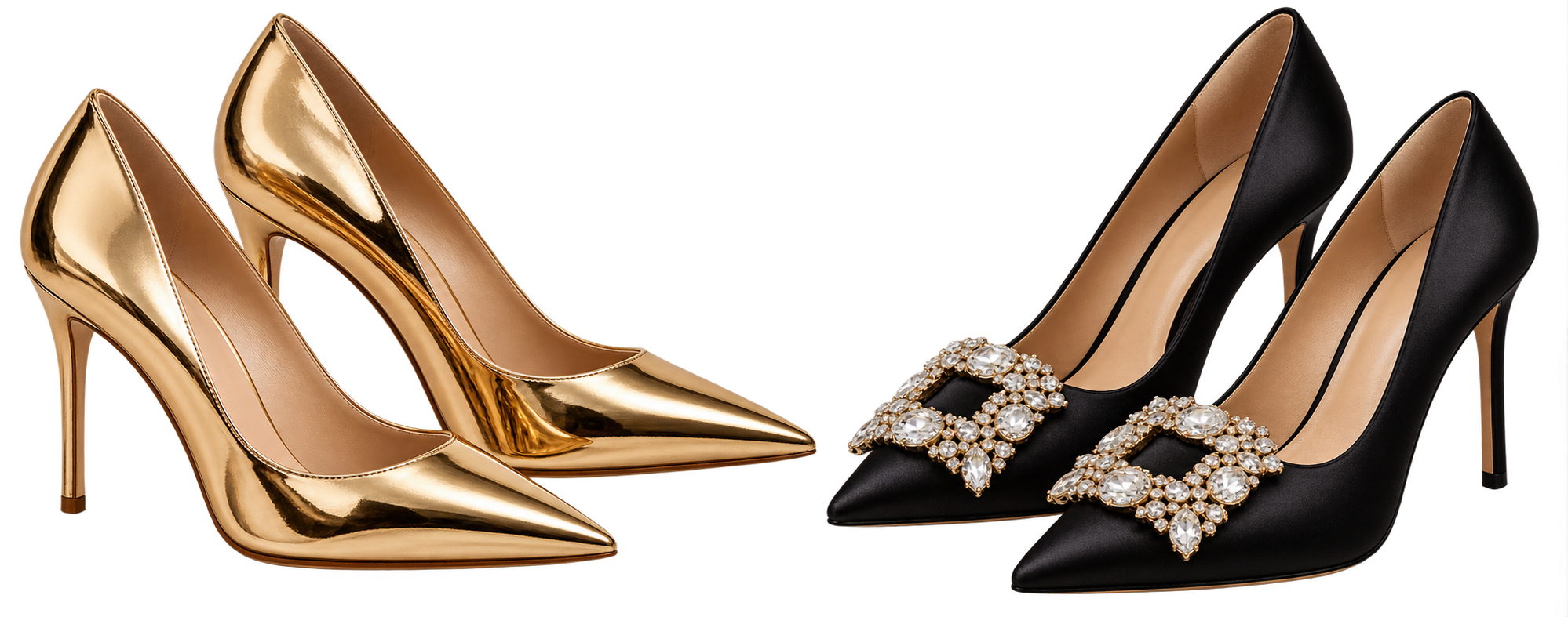 Zapatos de tacón metalizados dorados y negros con hebilla joya