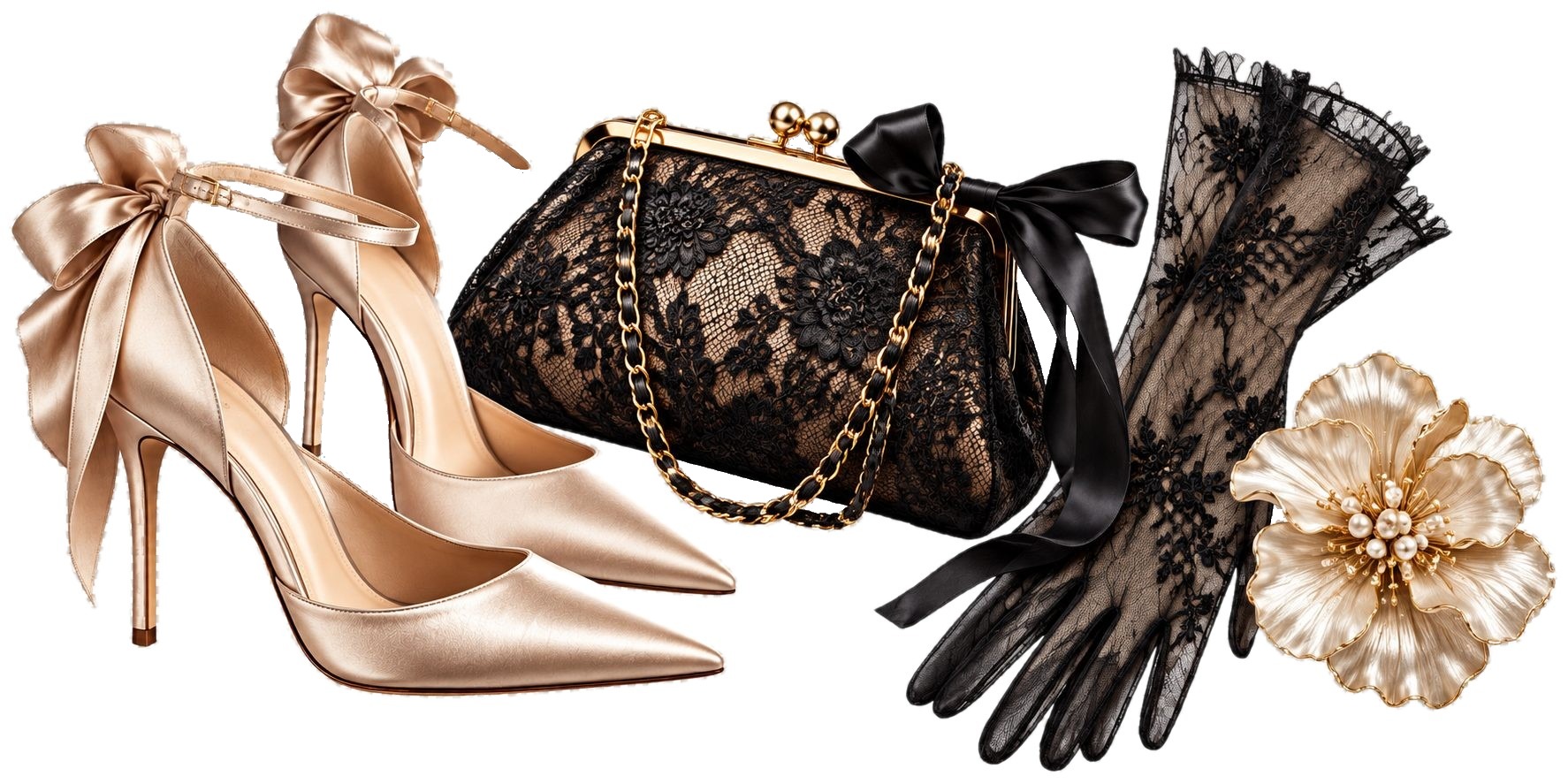 Tacones de satén con lazo, bolso de encaje, guantes de encaje y broche floral