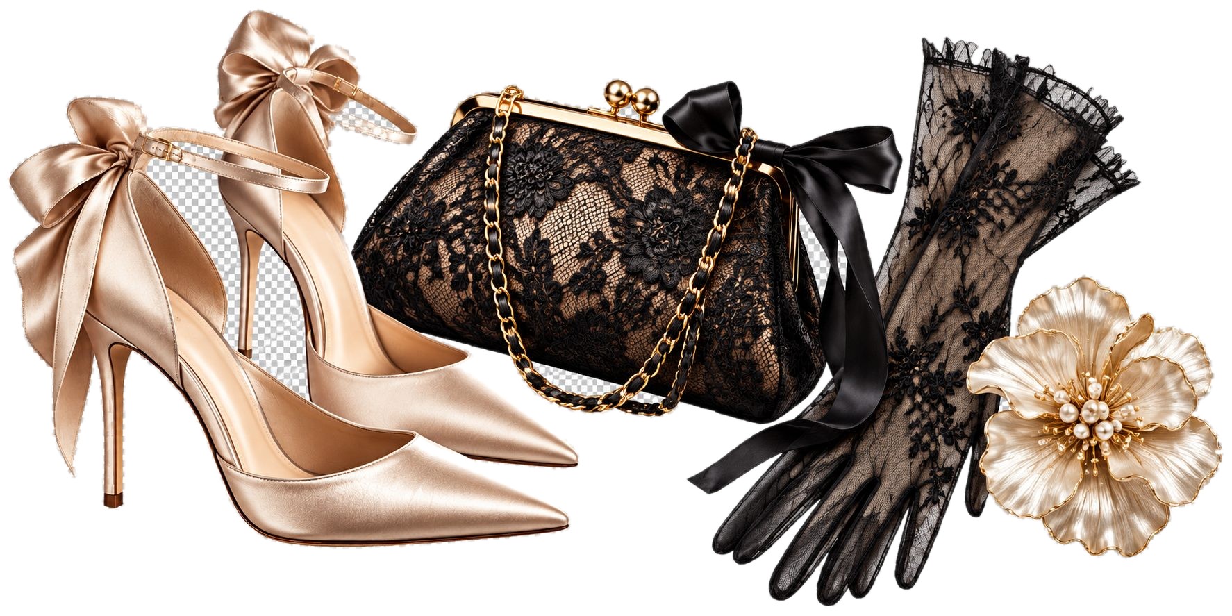 Tacones de satén con lazo, bolso de encaje, guantes de encaje y broche floral