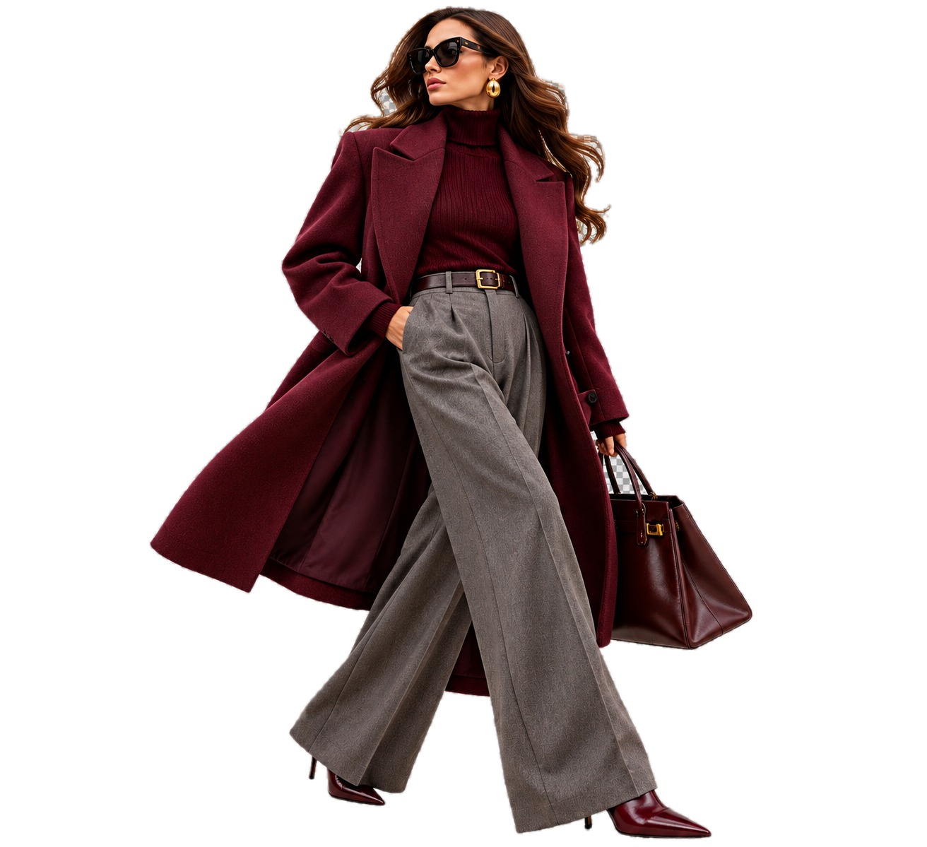 Mujer caminando con abrigo burdeos, pantalón de sastre gris y bolso