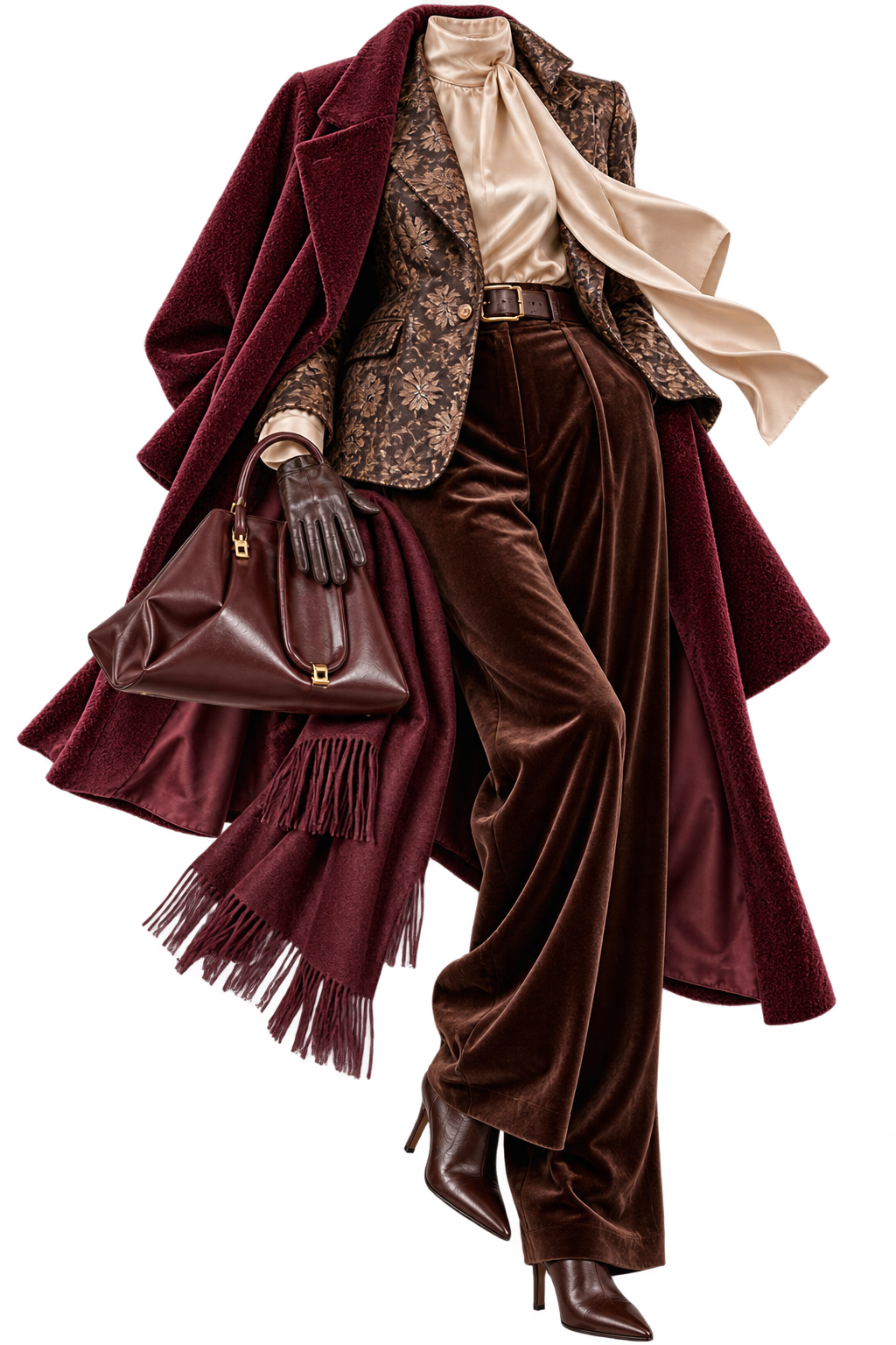 Look de invierno con abrigo burdeos, blusa de seda y pantalón de terciopelo